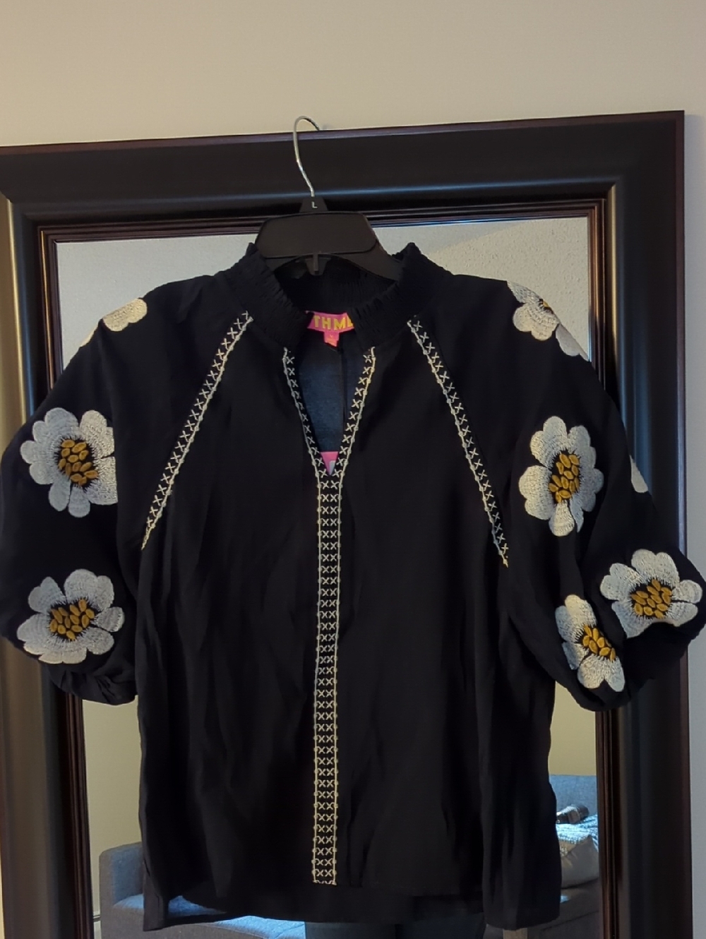 THML Navy Blue Embroidered Peasant Top